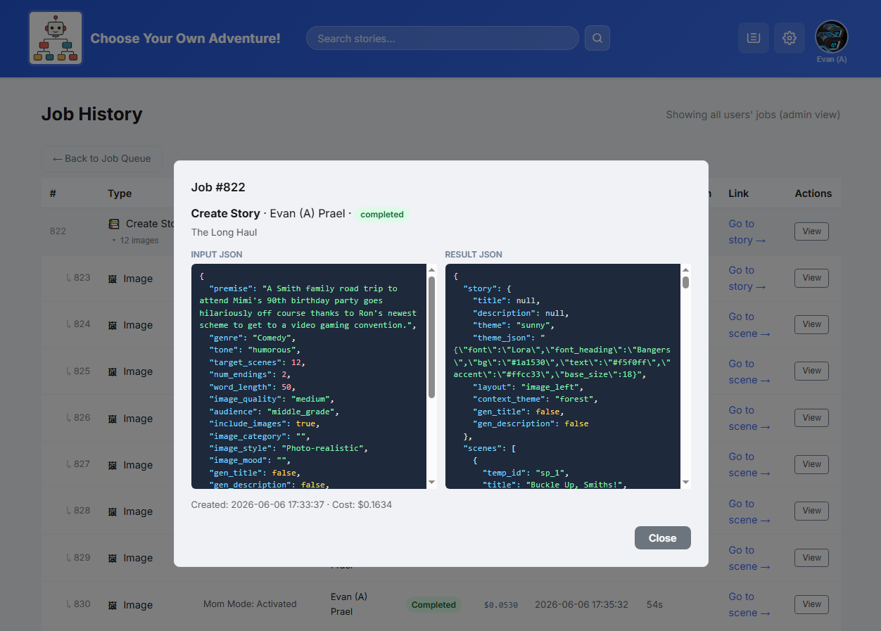 A job detail view showing the input and output JSON for an AI job